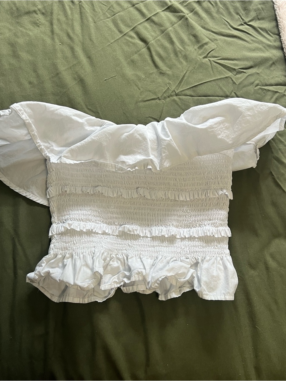 Sugarlips White Smocked Ruffle Off-Shoulder Crop Top